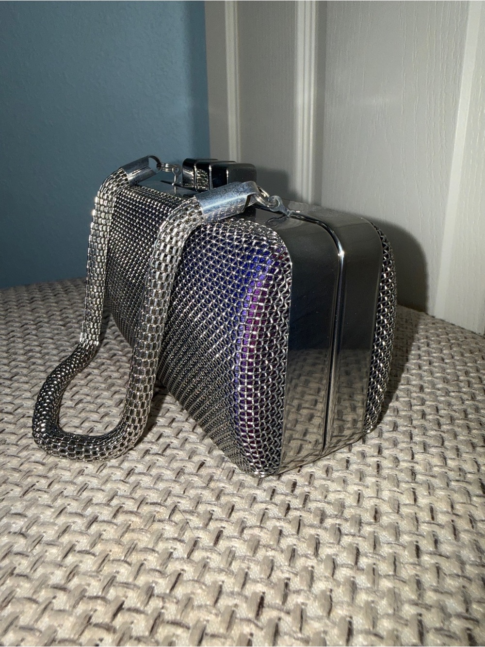 BCBGMAXAZRIA Blue Metallic Clutch Silver Chain Strap Clasp Party Formal - Picture 2 of 7